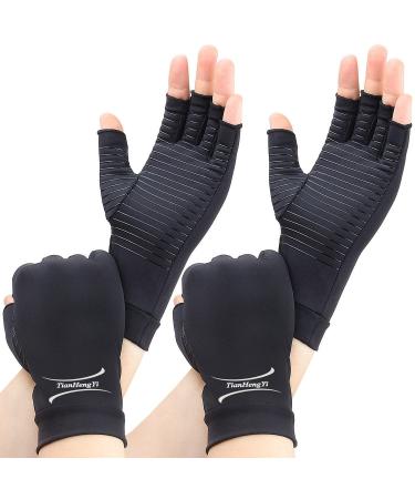 2 Pairs Copper Arthritis Gloves for Women Compression Gloves for Men for Pain Fingerless Hand Gloves for Carpal Tunnel Crochet Relieve Pain Swelling Support Wrist and Joint Typing (Small) Small Black