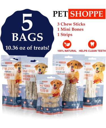 Pet Shoppe 5 Variety Packs Rawhide Chews Treats for Dogs 8 Chew Sticks 10 Chew Sticks 4 Mini Bones 10 Strips 8 Chew Sticks Supports Dental Puppy and Small Dogs - Buy Online on GoSupps.com