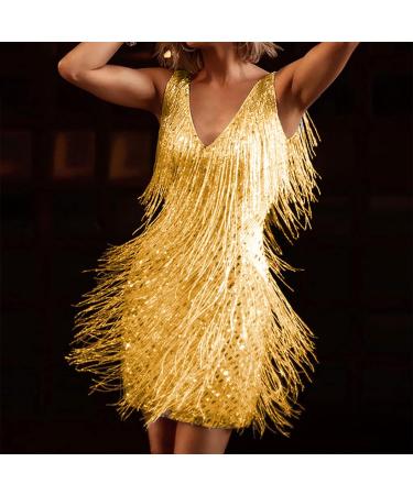 Women'S Casual Dress For Uk- Sexy V Neck Solid Color Tassel Sleeveless Dress Short Skirt 50'S Fancy Flared Dress Elegant Noble Dance Banquet Club Cocktail Special Occasions Homecoming Birthday Party M Gold - Buy Online on GoSupps.com