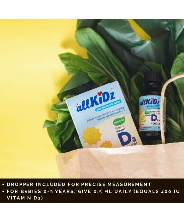allKiDz Vegan Vitamin D3 Drops for Infants Babies Kids Children Plant-based 400 IU VD3 Liquid Supplement 25 Milliliter - Buy Online on GoSupps.com