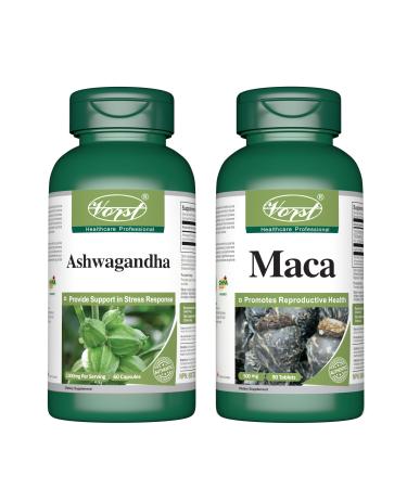 VORST Ashwagandha 1000mg Per Serving 60 Capsules and Maca 500mg 90 Vegan Tablets (Combo Bundle 2 Bottles)