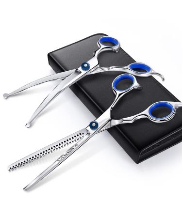 Gimars 3 in 1 Professional 4CR Dog Grooming Scissors Kit with Safety Round Tip , Heavy Duty Titanium Coated Straight & Thinning & Curved Shears & Comb Set for Dog & Cat Grooming
