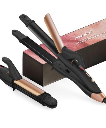 AmoVee Travel Curling Iron 1.25 Inch Hair Straightener Curling Iron 2 in 1 Flat Iron Ceramic Tourmaline Dual Voltage Curling Iron Adjustable Temp Rose Gold