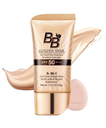 BB Cream Tinted Moisturizer With SPF 50 9 in 1 BB Cream Sunscreen Protection Concealer Foundation Full Coverage Tinted Moissturizer for All Skin Oil-Free Light (#01 Natural color with 1 puff)