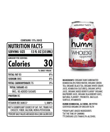 Humm Whole30 Approved Kombucha - Mixed Berry - Organic Vegan & GMO-Free (12 Pack) - Buy Online on GoSupps.com