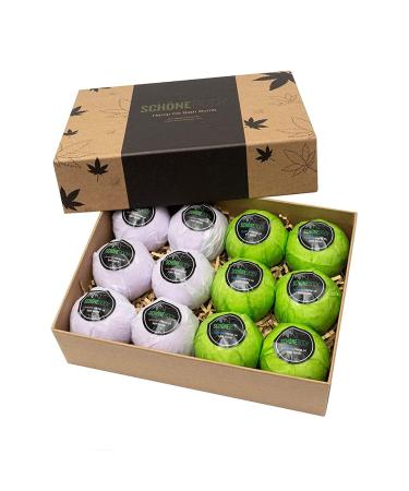 Hemp Bath Bombs by Schone Body 2 Relaxing Scents of Refreshing Mint and Hemp Oil and Soothing Lavender and Hemp Oil. Made with Pure Essential Oil Vegan Set (Large 12 Pack Bath Bombs) Green