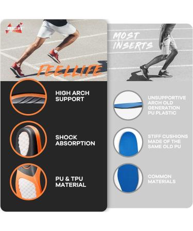 FEELLIFE FELLIFEN Insoles for Plantar Fasciitis - Gel Shoe Inserts for Arch Support - Black & Orange - Sizes 37-42 (24.5-27.4cm) - Perfect for Running & Orthopedic Comfort - Buy Online on GoSupps.com