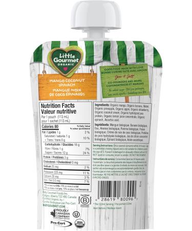 Baby Gourmet Little Gourmet Organic Bright Blends Baby Food Pouches - Mango Coconut Spinach - No Added Sugar or Salt Non GMO No Fillers - (113ml) 12-Pouches Yellow Mango Coconut Spinach 113ml - 12 Pouches - Buy Online on GoSupps.com