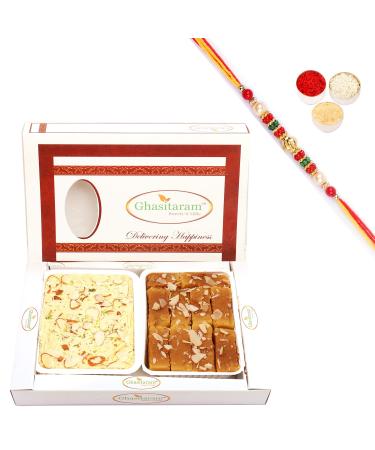 Ghasitaram Gifts Rakhi Gifts for Brothers Rakhi Sweets - Mysore Pak and Soan Papdi Hamper with Pearl Beads Rakhi Mysore Pak and Soan Papdi Hamper with Rakhi