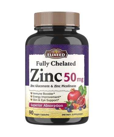 Elixeed Zinc 50 mg 2 Superior Forms as Zinc Picoline & Gluconate Chelated & Well-Absorbed Optimal Potency Immune Health Cell Growth Antioxidant Support Non-GMO No Gluten 90 Veggie Caps