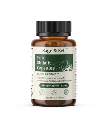 Sage & Self Pure Shilajit Capsules Purified Shilajit Extract (40% Fulvic Acid) 500 mg Per Capsule Vegan Herbal Supplement (60 Capsules)