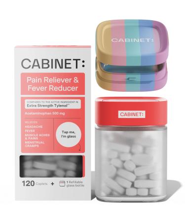Cabinet: 500mg Acetaminophen for Headache Relief Toothaches Sore Throat and Fever Reducer Includes 1 Refillable Medicine Jar 120 Tablets Refillable Glass Jar - w/Travel Tin 120 Tablets (Pack of 1)