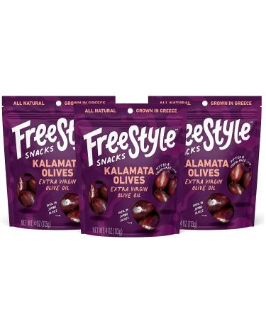 Freestyle Snacks, Olive Snack Packs - Fresh Pitted Kalamata Olives, Marinated in Extra Virgin Olive Oil, Salty Snack, Grown in Greece, All Natural, Non-GMO, Paleo, Keto Snacks - Kalamata, 4oz (3 Pack)