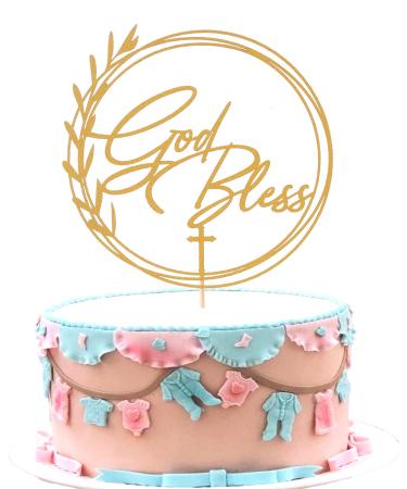 Golden Glitter God Bless Cake Topper - First Communion Cake Decoration Wreath Baptism cake topper Religious Party Cake Decoration