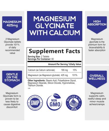 Extra Strength Magnesium Glycinate 425mg with Calcium - 120 Tablets | Bone, Heart & Muscle Health Support | Non-GMO Vegan Gluten Free - Buy Online on GoSupps.com