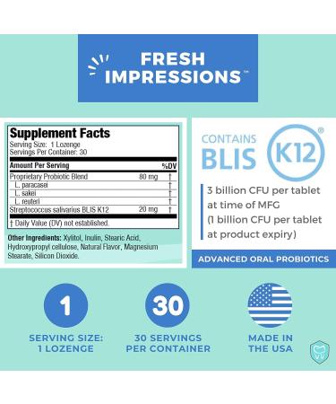 Fresh Impressions Oral Probiotic Lozenges | Chewable for Bad Breath & Gum Health | Contains Blis K12 | Mint Flavored | Sugar-Free | 30ct Pack - Buy Online on GoSupps.com