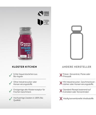 Kloster Kitchen Bio Vitamin Shot Baie d'A a 1SHOT 7x 30 ml avec des morceaux de gingembre I Shot de gingembre v g talien en bouteille en verre emporter I sans additifs et avec une douceur naturelle - Buy Online on GoSupps.com