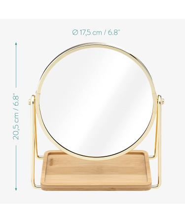Navaris Double-Sided Vanity Mirror with Tray - 1x/2x Magnification, Bamboo Base - Gold - Buy Online on GoSupps.com