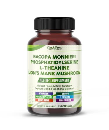 Premium Bacopa Phosphatidylserine L-Theanine & Lion s Mane All-in-1 Supplement for Focus Brain Function & Emotional Balance 150 Capsules 150 count (pack of 1)