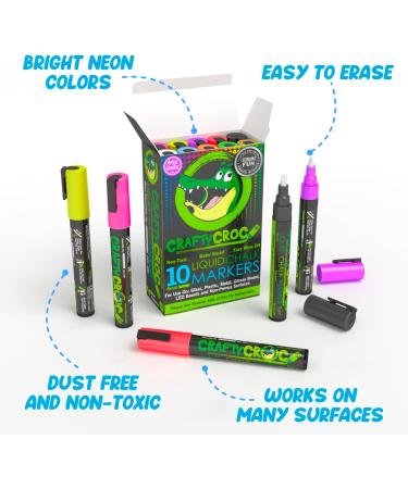 Crafty Croc Liquid Chalk Markers - 10 Pack Neon Chalk Pens for Nonporous Surfaces - Buy Online on GoSupps.com