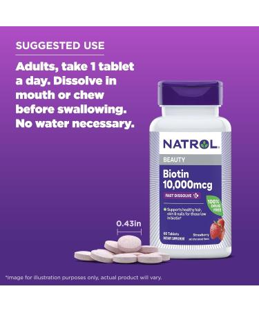 Natrol Beauty Biotin 10000mcg Dietary Supplement for Healthy Hair Skin Nails and Energy Metabolism 60 Strawberry-Flavored Fast Dissolve Tablets 60 Day Supply (Pack of 12) - Buy Online on GoSupps.com