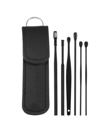 VOCOSTE 6Pcs Stainless Steel Ear Cleansing Tool Set Ear Cleaner Ear Care Set with Faux Leather Packaging Black