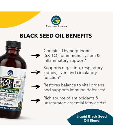 Amazing Herbs Black Seed and Pumpkin Seed Cold-Pressed Oil Blend - Gluten-Free, No Preservatives, High in Omega 3, 6, & 9, Improves Immune Respones & Promotes Digestive Health - 8 Fl Oz - Buy Online on GoSupps.com