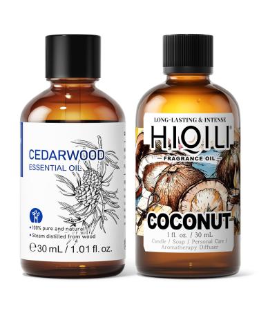 HIQILI 30ML Cedar Essential Oil & 30ML Coconut Fragrance Oil for DIY Diffuser