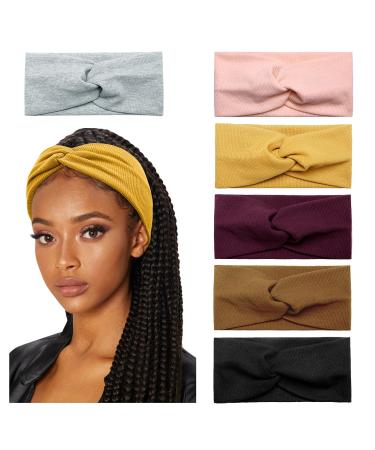 Huachi Turban Headbands for Women Wide Head Wraps Knotted Elastic Teen Girls Yoga Workout Solid Color Hair Accessories 6 Pack Headbands A