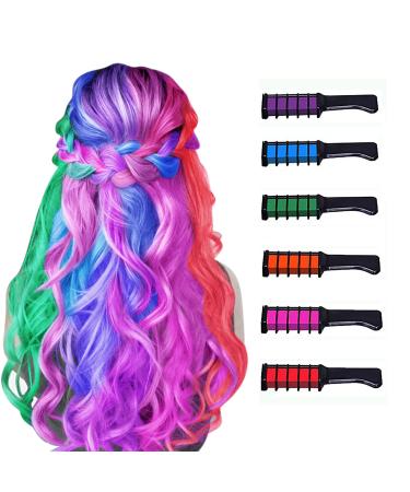 New Hair Chalk Comb Temporary Hair Color Dye for Girls Kids, Washable Hair Chalk for Girls Age 4 5 6 7 8 9 10 Birthday Cosplay DIY, Halloween, Christmas 6 Colors Purple, Blue, Green, Orange, Pink, Red