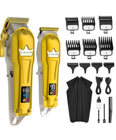 Ufree Hair Clippers for Men Professional Metal Barber Clippers and Trimmers Set Cordless Hair Cutting Kit with LCD Display Beard Hair Trimmer T Liners Edgers Clippers Gifts for Men Gold