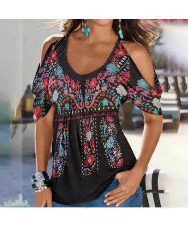 Womens Summer Cold Shoulder Top: Aztec Print Ethnic Style Graphic Tee, Black, X-Large - Buy Online on GoSupps.com