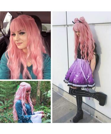YEESHEDO 28 Inch Long Pink Synthetic Wavy Wig with Fringe for Women - Ideal for Party, Cosplay, or Daily Wear - Buy Online on GoSupps.com