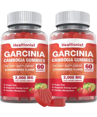 2 Packs Sugar Free Garcinia Cambogia Gummies for Weight Management - 2000mg 95% HCA with L-Carnitine Energy Boost Strawberry Flavor Gummy Easier to Take Than Pills & Capsules 120 Counts