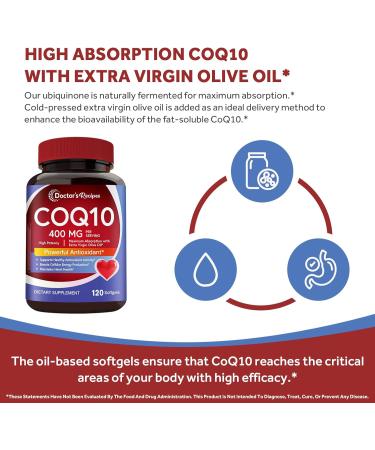 Doctor's Recipes CoQ10 400 mg High Potency Stable Form Ubiquinone Superior Absorption with Extra Virgin Olive Oil Antioxidant for Heart & Energy Naturally Fermented Gluten-Free 120 Softgels - Buy Online on GoSupps.com