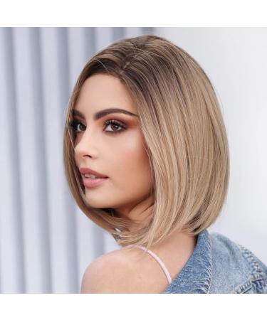 HAIRCUBE Brown Blonde Bob Wigs for Women - Highlight Front Lace Natural Wig with Dark Roots - Shop Internationally! - Buy Online on GoSupps.com