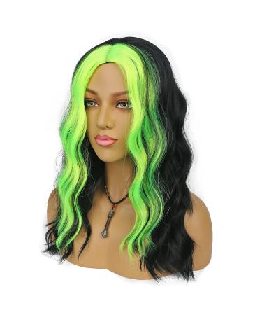LANCAINI Wavy Synthetic Wigs for Women Middle Part Shoulder Length Wig Cosplay Costume Full Wig Heat Resistant Fiber Wigs for Daily 16inches(Black and Neon Green) Lime Green and Black