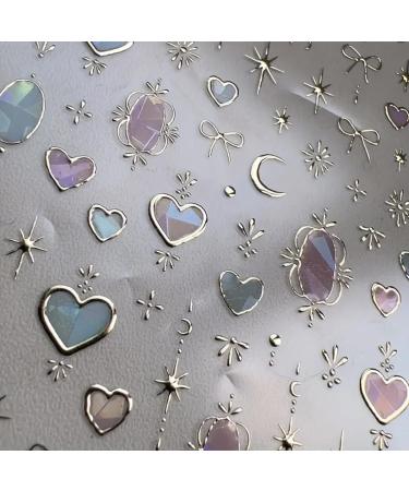 Heart Moon Nail Art Stickers Decals 3D Gold Bronzing Star Bow Nail Decals Star Moon Bow-knot Totem Luxury Design Nails Adhesive Sliders Shiny Manicure Accessories for Women Girls Nail Art Decorations heart star gold