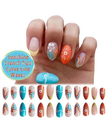 Buy 24Pcs Summer Sun Press On Nails - French Tips Medium Almond Acrylic Fake Nails with Waves Design for Women & Girls | Glossy Colorful Curve Line Manicure Art - Buy Online on GoSupps.com