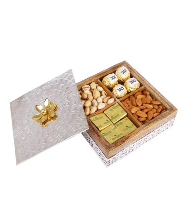 Jaiccha Ghasitaram Wooden Metal Box with Almonds Pistachios MEWA Bites and Channa Laddoo|Gift for Diwali Gifts Holi Rakhi Valentine Christmas Birthday Anniversary Her Him| Box with Almonds Pista MEWA Bites & Channa Laddoo