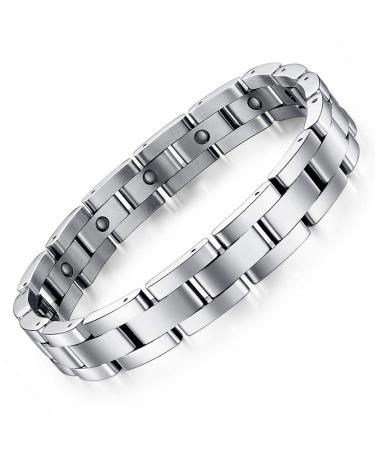 Feraco Lymphatic Drainage Therapeutic Magnetic Bracelets for Men Arthritis Pain Relief Lymph Detox Sleek Titanium Stainless Steel Magnetic Therapy Bracelet with Removal Tool Silver Bracelet