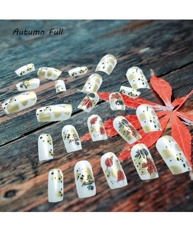 24Pcs Fall Press on Nails - Short Maple Leaf & Letter Designs | Glossy Medium Square Fake Nails for Women & Girls | Perfect for Thanksgiving Decorations - Buy Online on GoSupps.com