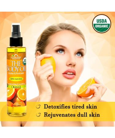 USDA Certified Organic Orange Body Oil - Jojoba & Avocado Oil with Vitamin E - 5 Fl. Oz - No Alcohol, Parabens, Artificial Detergents, or Synthetic Perfumes - Buy Online on GoSupps.com