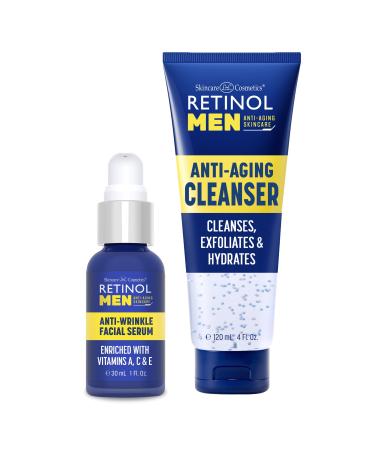 Retinol Men Facial Serum - Vitamin-Enriched Smooth Fine Lines & Wrinkles + Retinol Men Gel Cleanser Gently Exfoliates skin for Improved Texture