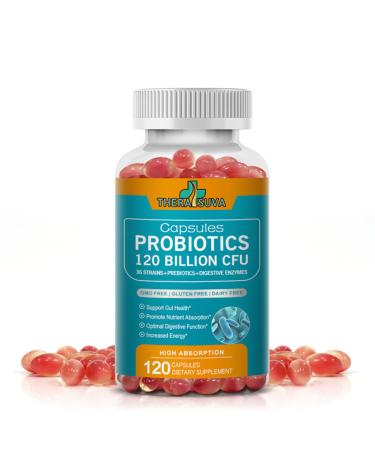TheraSuva Probiotics 120 Billion CFU-36 Strains + Organic Prebiotics + Natural Whole Food Supplement for Ultimate Gut Health Support- 2 Month Supply 120 Softgels