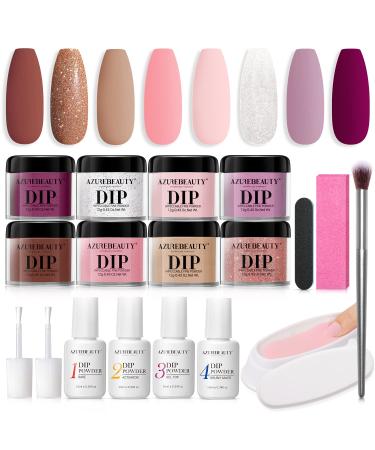 AZUREBEAUTY 18Pcs Dip Powder Nail Kit Starter, Baby Pink Nude Peachy Brown Neutral Color Dipping Powder System Tray Essential Kit with Base & Top Coat Activator for French Nail Manicure Art Salon Home B1-Cozy Time