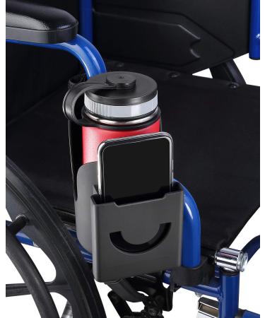 ISSYAUTO Wheelchair Drink Cup Holder, 2 in 1 Large Water Bottle Holder and Phone Bracket with Strap Mount 3MM Thick Cups Holder Universal for Wheelchair, Walker, Rollator, Stroller