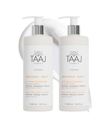 TAAJ TAAJ | Aloe Vera Moisturizing Fresh Lotion - ABHYANGA | Soothes Hydrates & Revitalizes the Body | Regenerating Softening & Protective Active Ingredients | Hydrated Skin | Vegan | Pack of 2 x 400 ml