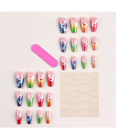 Shop Medium Coffin Press On Nails - Colorful Flower Designs Glossy Glitter Acrylic 24 Pcs Full Cover Nails for Women - International Shipping Available - Buy Online on GoSupps.com