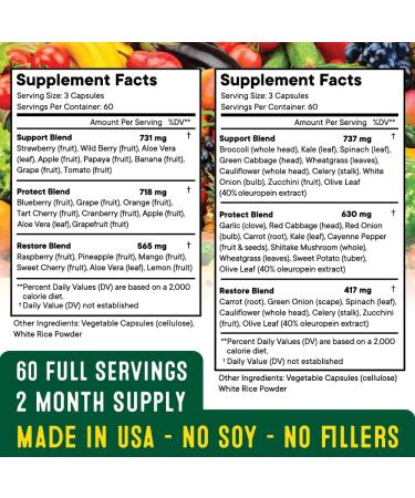 Superfood Fruit and Veggie Supplement - 720 Capsules with Olive Leaf - 100% Whole Super Fruit and Super Vegetable Supplements - Made in USA Soy Free (360 Count x 2) - Buy Online on GoSupps.com